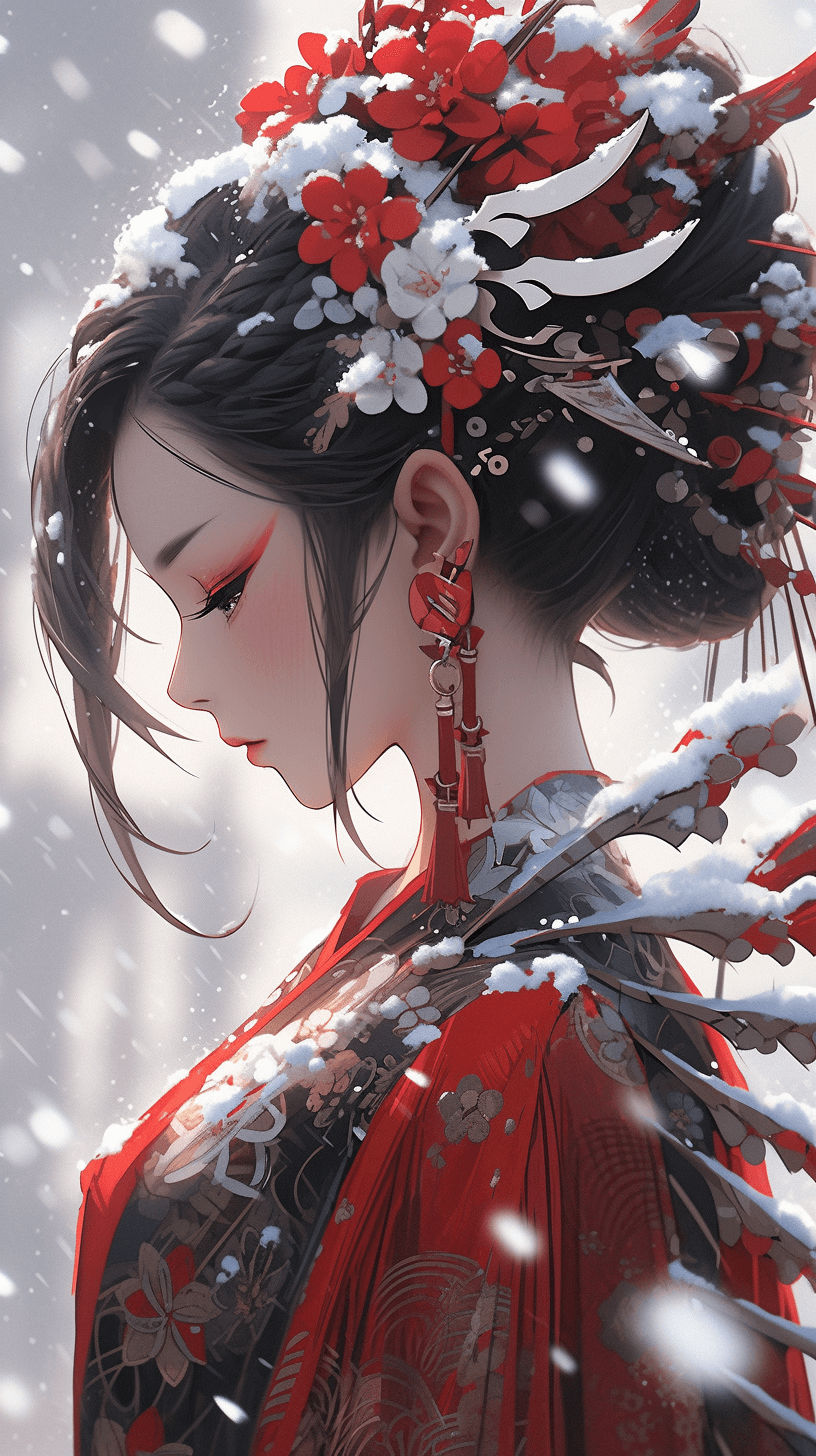 AI generated: the geisha is wearing red and white, in the style of ray caesar, snow scenes, unreal engine 5, close...