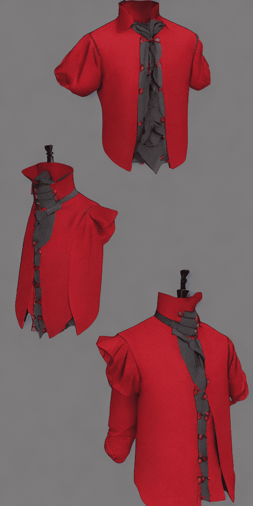 AI generated: man's scarlet shirt in Victorian style, material silk, puff sleeves, 3D model, very symmetrical shir...