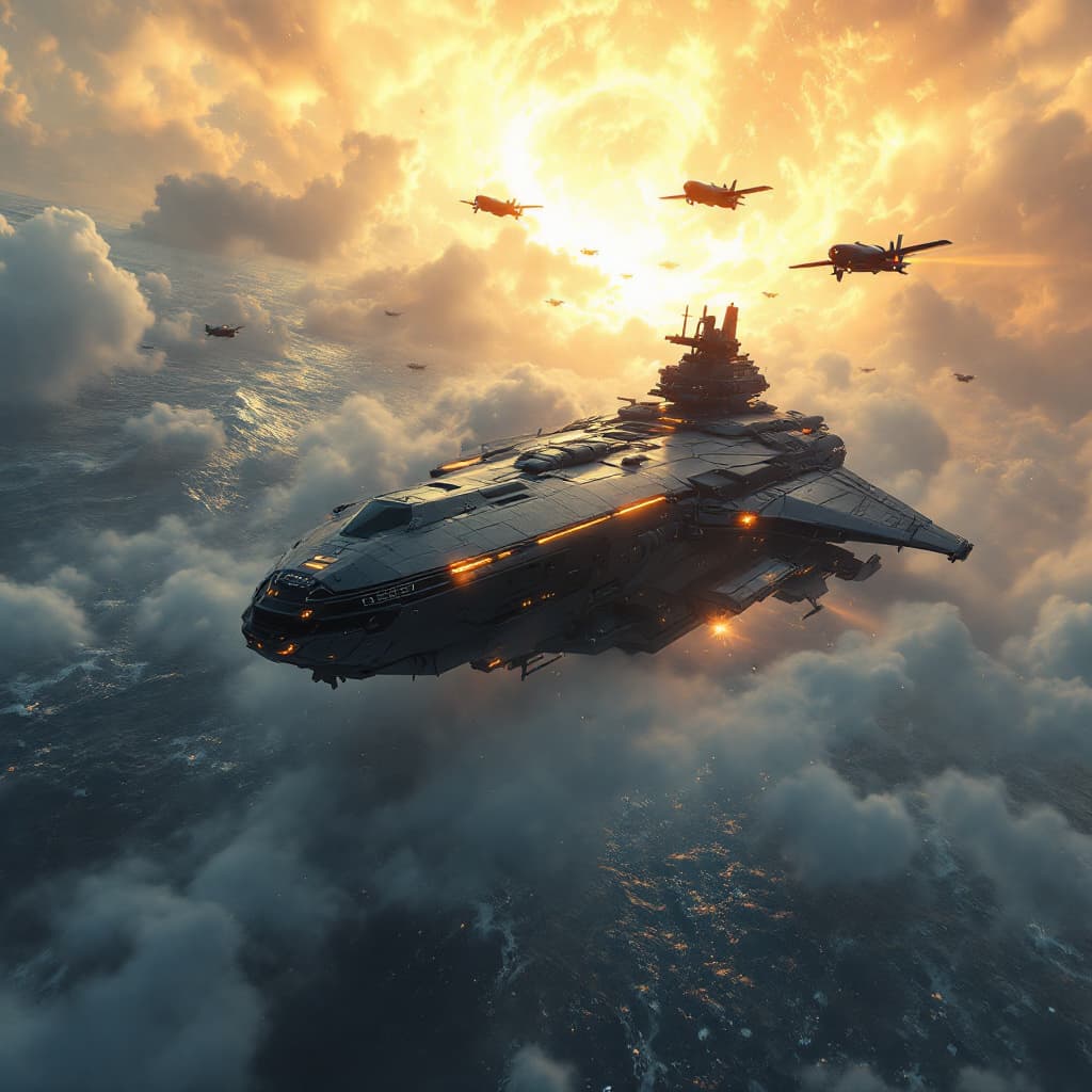 AI generated: A futuristic military drone mothership in the ocean launching drones towards the coast, 3 d render, ...