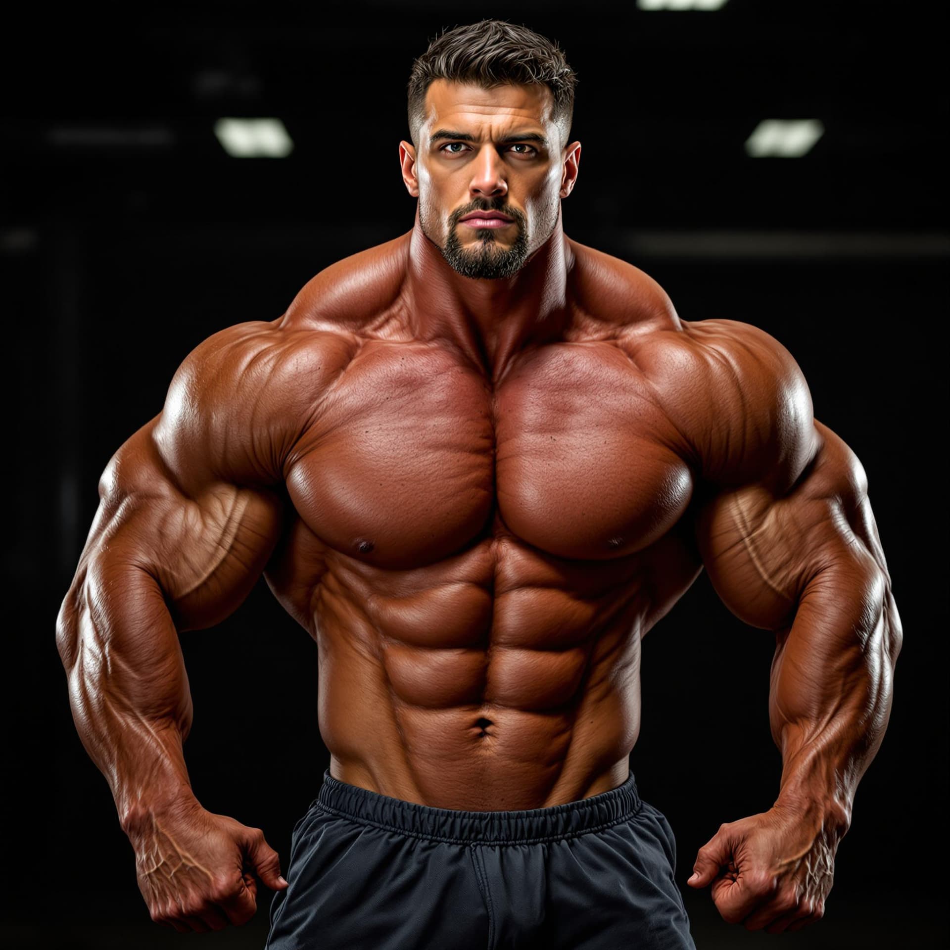 AI generated: full view of bodybuilder standing and posing while looking at the camera