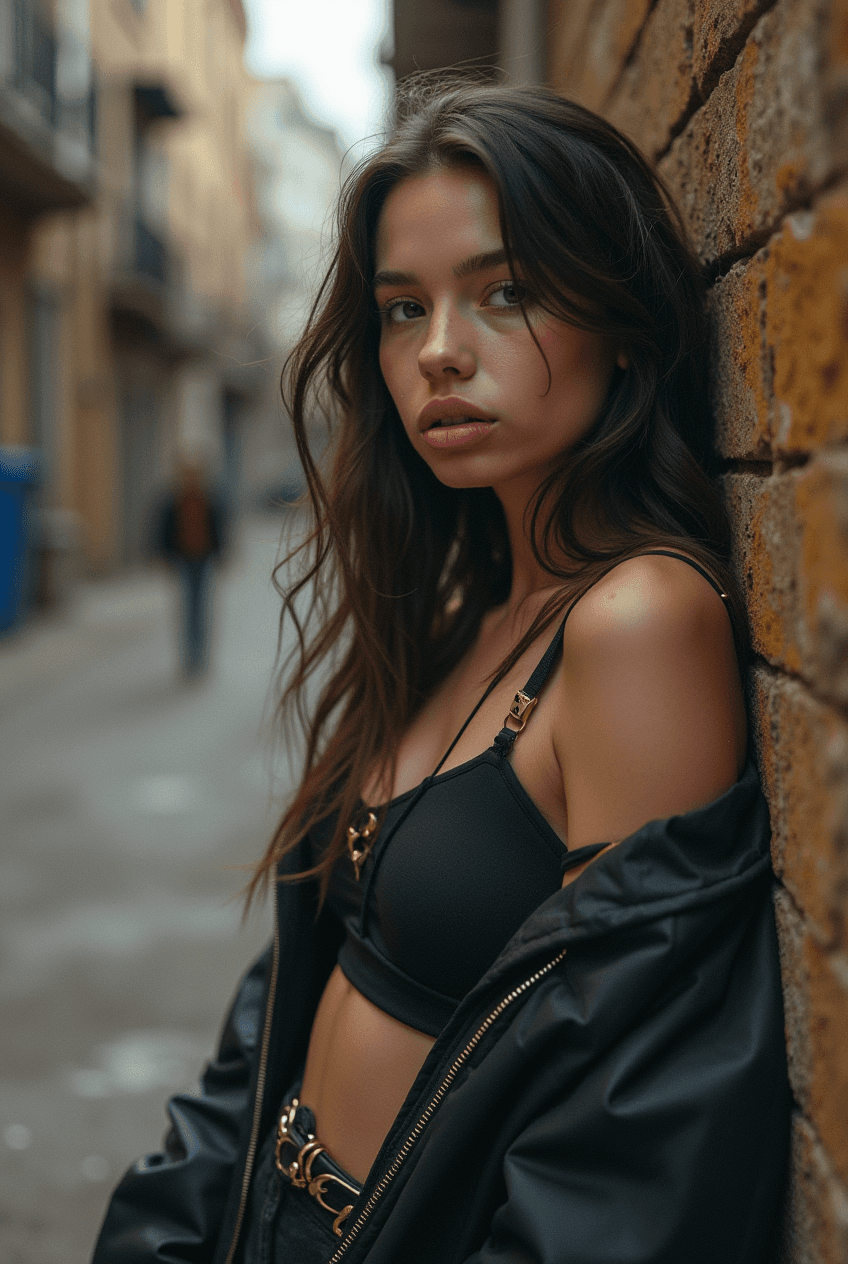 AI generated: youngmodel,seductive,in a dirty backstreet in city,leaning at a wall,kissingmouth,lovelook