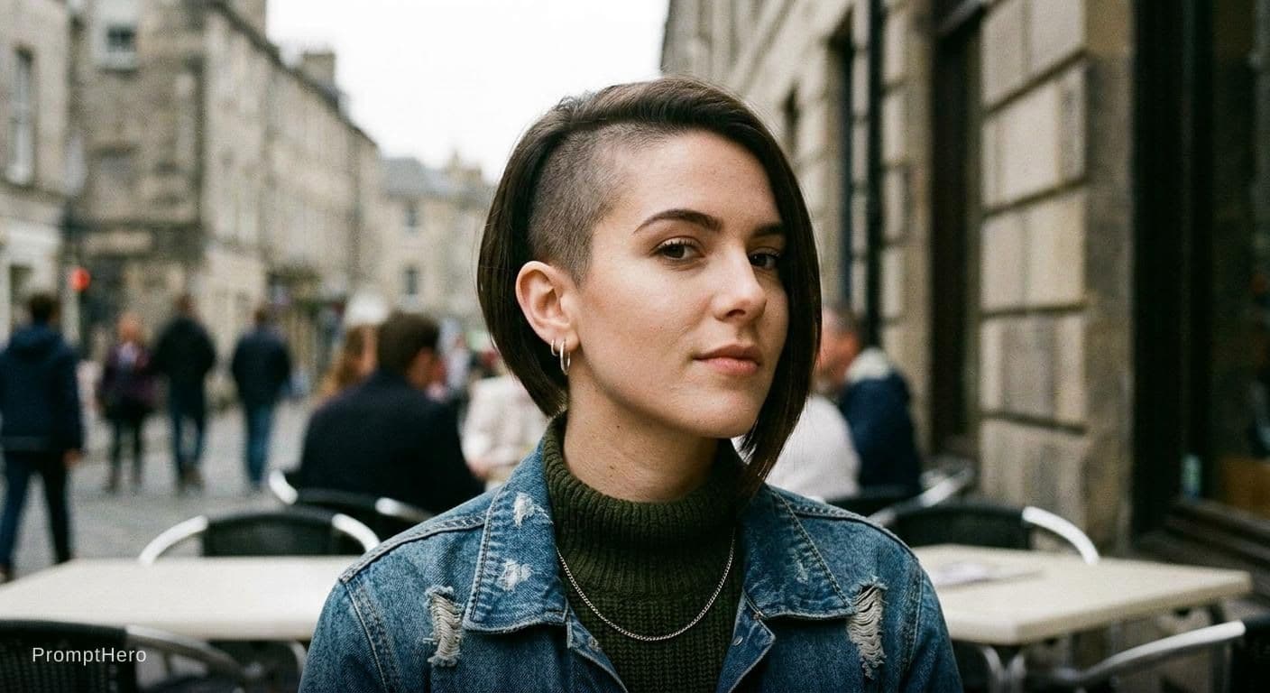 AI generated: young woman with a short asymmetric pixie bob left side clippered to a short soft pelt, right side s...