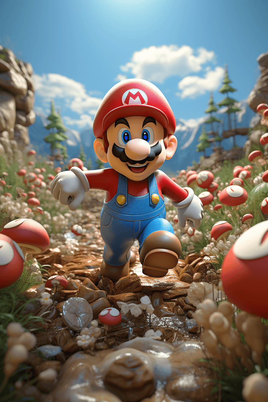 AI generated: Super-Mario running, Mushroom Kingdom background, 32k, closeup, trending on poltcount 3D, game --v 5...