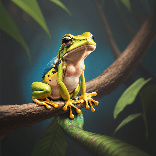 AI generated:  a blue and yellow frog sitting on top of a tree branch, a photorealistic painting by Fred A. Precht...