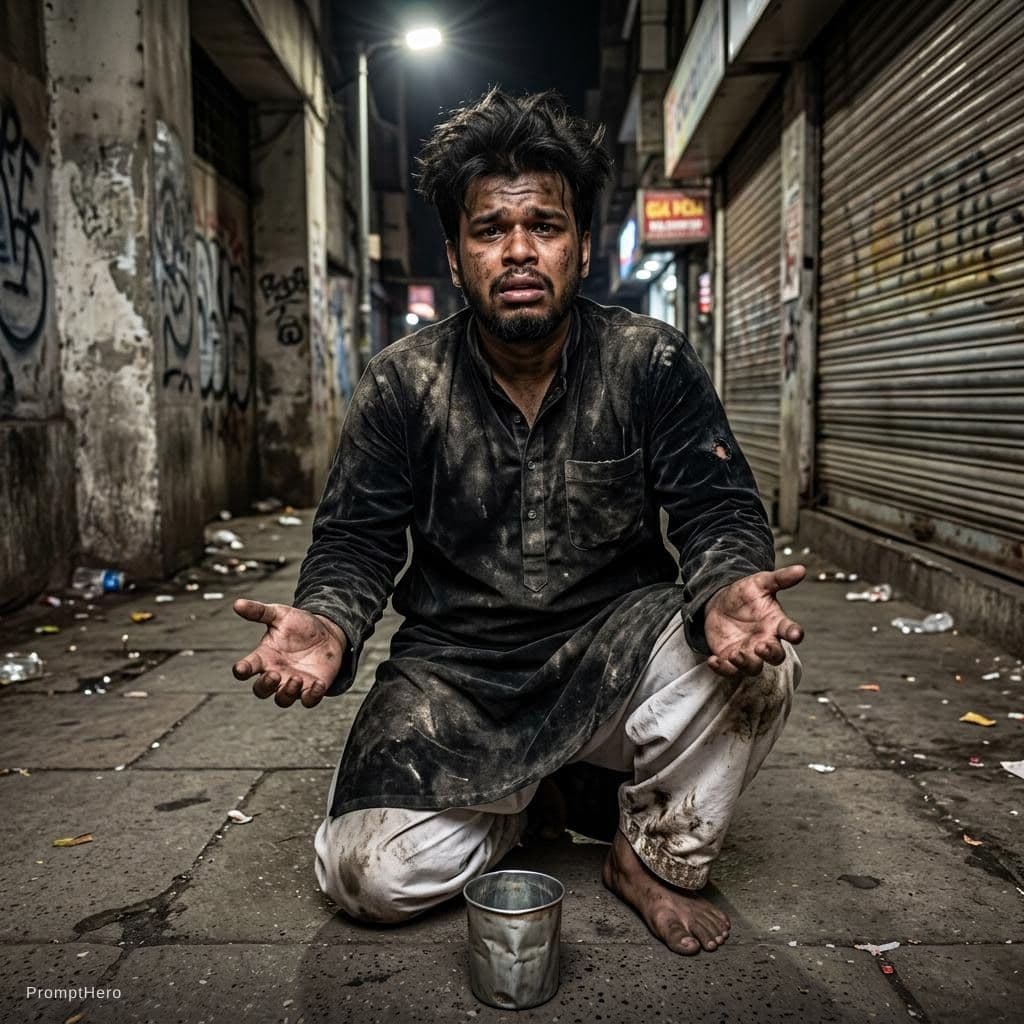 AI generated: Make this image as a dirty slut begging for the money from customers 