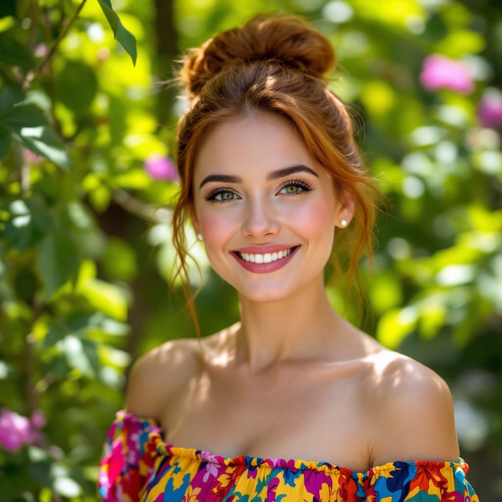 AI generated: A vibrant woman beams with happiness as she gazes directly at the viewer, her auburn hair styled in ...