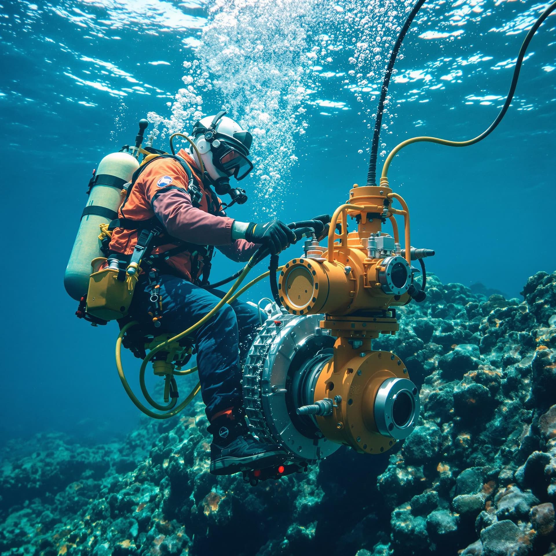 AI generated: worker riding a magnetic inductive flow meter under the sea
