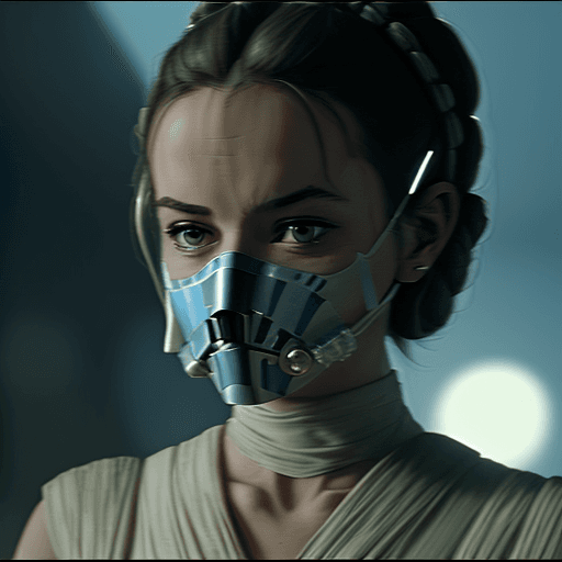 AI generated: arafed woman with a star wars mask on her face, movie screenshot from star wars, margot robbie as pr...