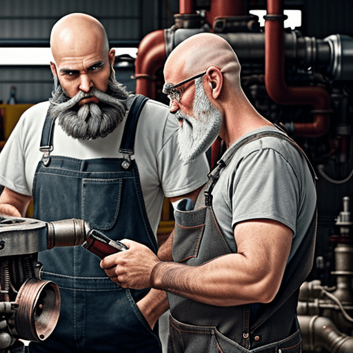 AI generated: man with a black beard and shaved hair wearing an red and gray overall in a workshop inspecting an e...