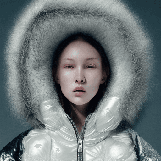 AI generated: well lit fashion shoot portrait of extremely beautiful female wearing massively over size puffer jac...