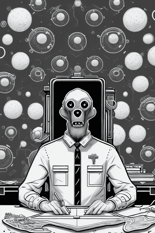 AI generated: A shockingly detailed monochromatic vector illustration of "Mr. Wolfe" examining a strange and other...