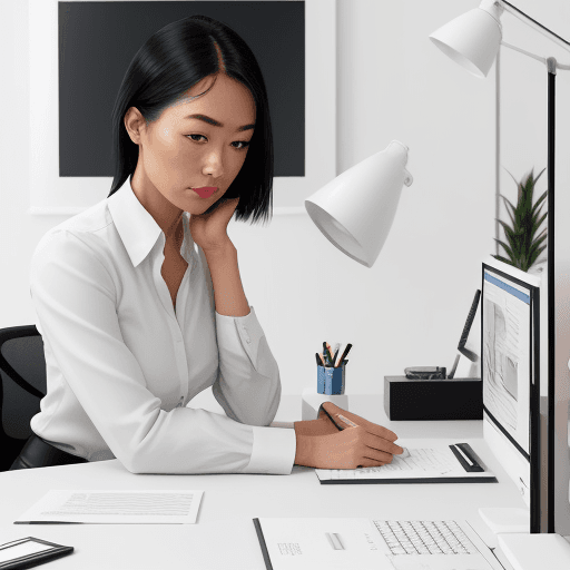 AI generated: modern, minimalist workspace, focused designer woman at a white desk, surrounded by objects of produ...