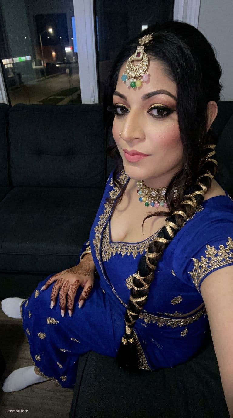 AI generated: looking at me. Sitting on a couch at night(no lights), wearing same (little cleavage) bodycon saree ...