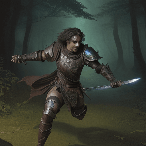 AI generated: a swords man running through a dark forest, leather armor, holding sword, Planescape, Spelljammer, f...