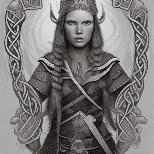 AI generated: beautiful nordic viking princess, she have viking warriors, they are going to war in a hand drawn st...