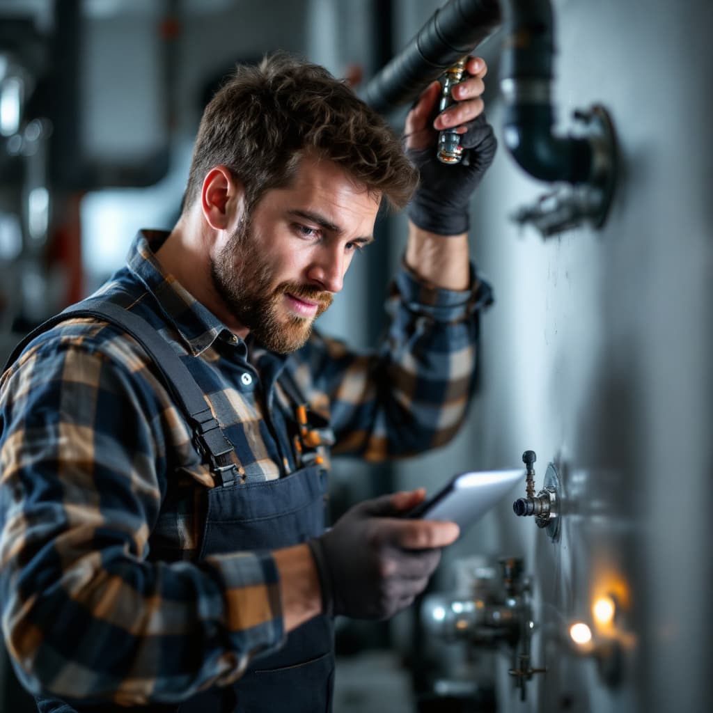 AI generated: A friendly plumber diagnosing a pipe issue dslr, ultra quality, sharp focus, tack sharp, dof, film g...