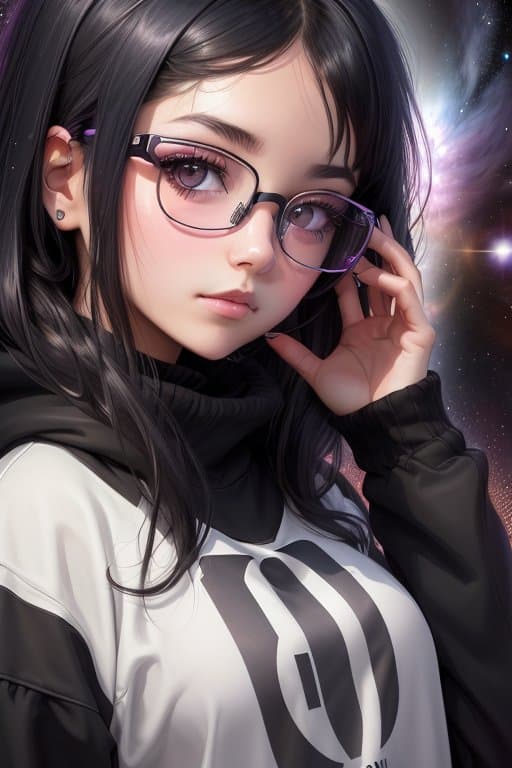 AI generated: portrait of lofi goth girl wearing (reflective glasses:1. 2) staring into the universe, Universe ref...