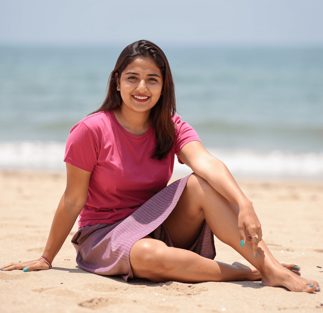 AI generated: nsfw, beautiful cute brunette nude nepali girl on a beach with ocean behind her, she is sitting on s...