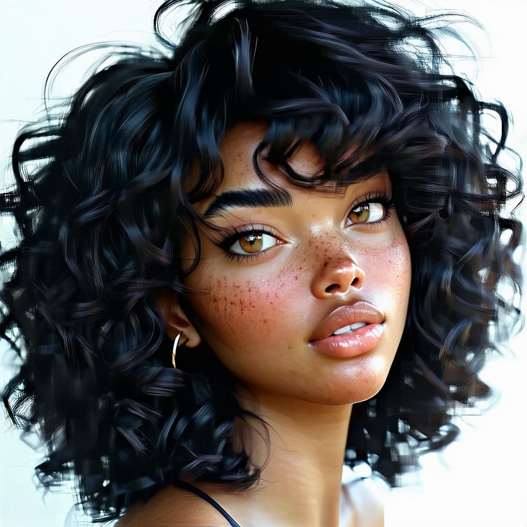 AI generated: a model with curly black hair, in the style of daz3d, close-up, hazy, wavy, brown, tondo, ferrania p...