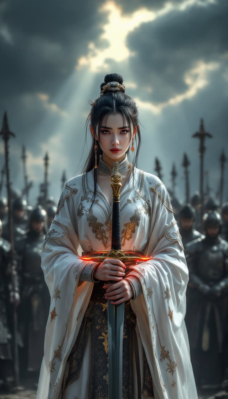 AI generated: Female oriental knight in full armor, hkstyle, white with gold embellishments, bangs, earrings, hold...