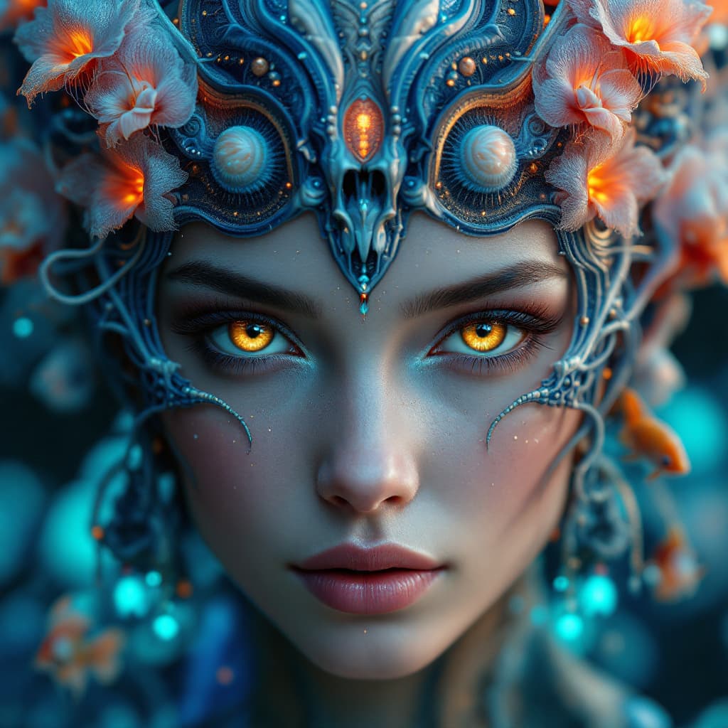 AI generated: Goddess close-up portrait ribcagel. jellyfish phoenix head, nautilus, orchid, skull, betta fish, bio...