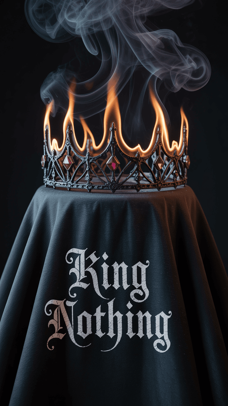 AI generated: A dramatic, dark fantasy illustration of a flaming, broken gothic tiara resting atop black velvet. T...