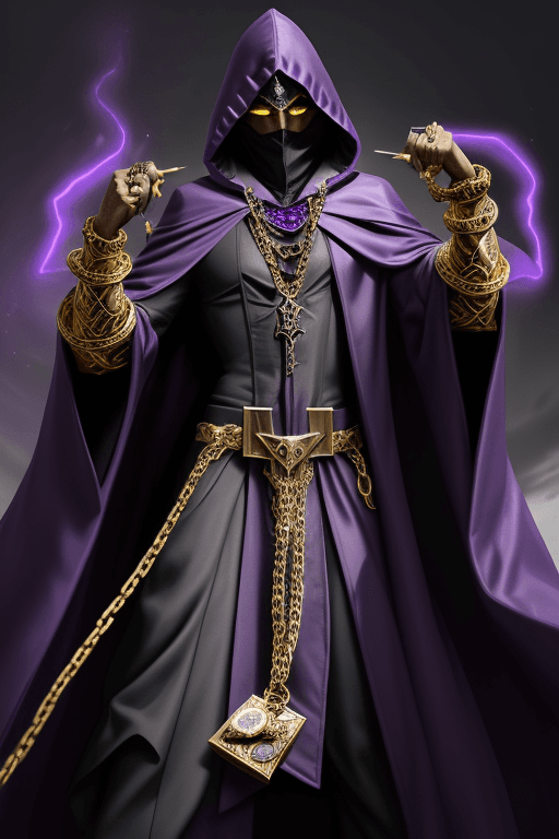 AI generated: Shadow wizard money gang, in purple cloak hood, dark face, gold chains and jewellery