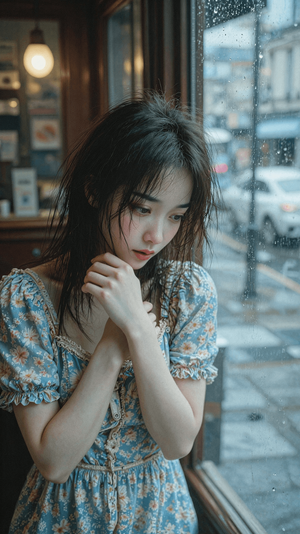 AI generated: Rainy Cafe Window (Pensive & Sorrowful)
a. Shooting Angle: A close-up tilted "Dutch Angle" shot, cap...