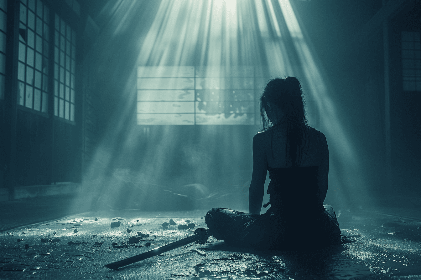 AI generated: wide angle shot, inside a hazy room a ninja female warrior waits in a sitting position for her victi...