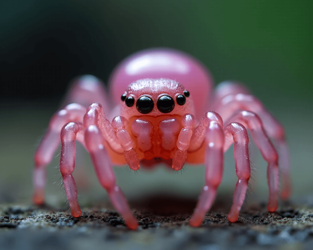 AI generated: a green ghost spider with big cute eight black spider eye on the purple table and look at camera, tr...