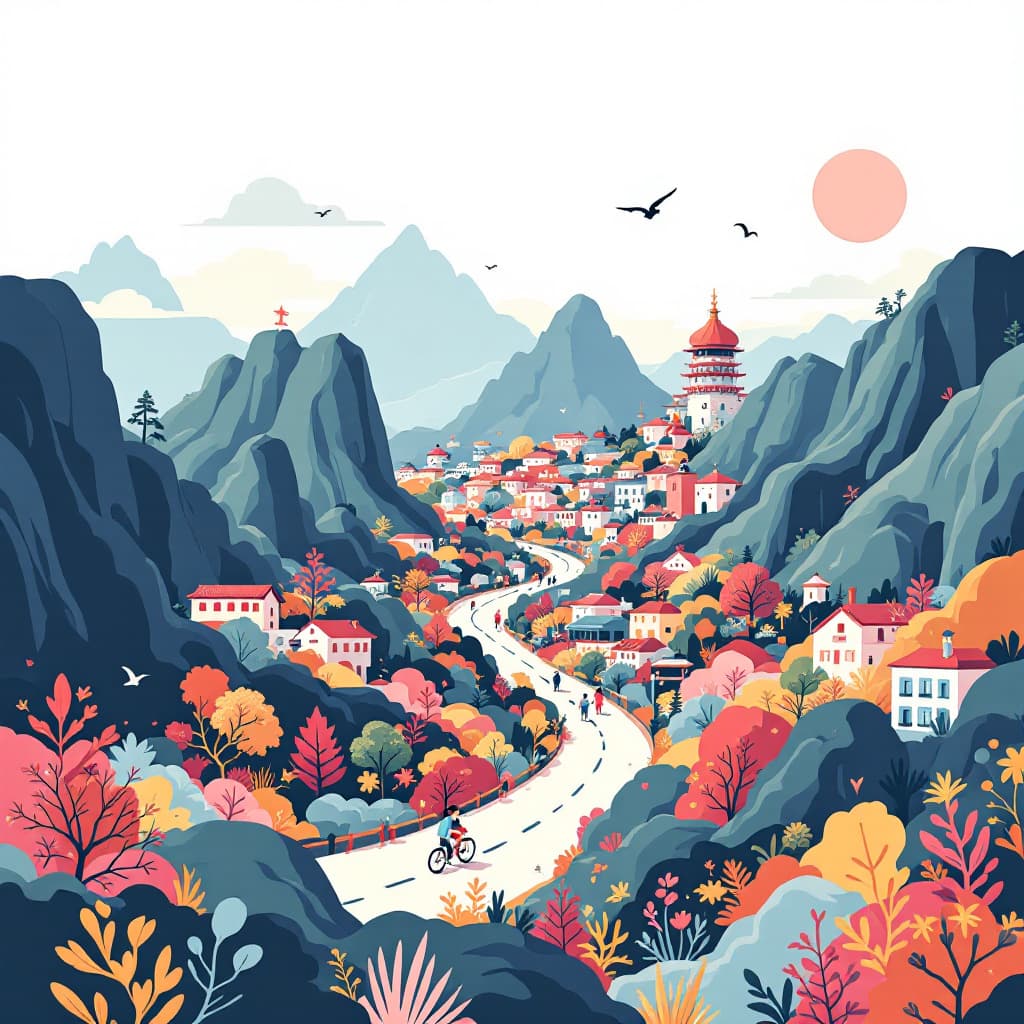 AI generated: tourism illustration running, many colors, white background, Tourism illustration, simple shape, fla...