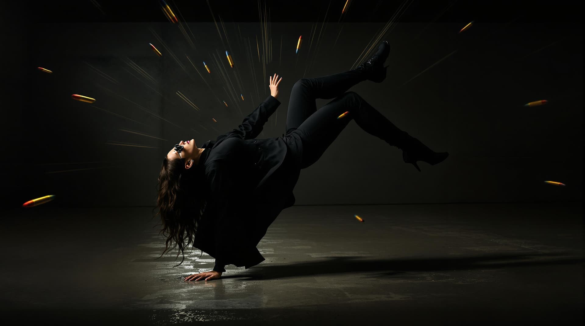 AI generated: It's a dynamic and dramatic scene with a Woman dressed in a black form-fitting outfit including a sl...