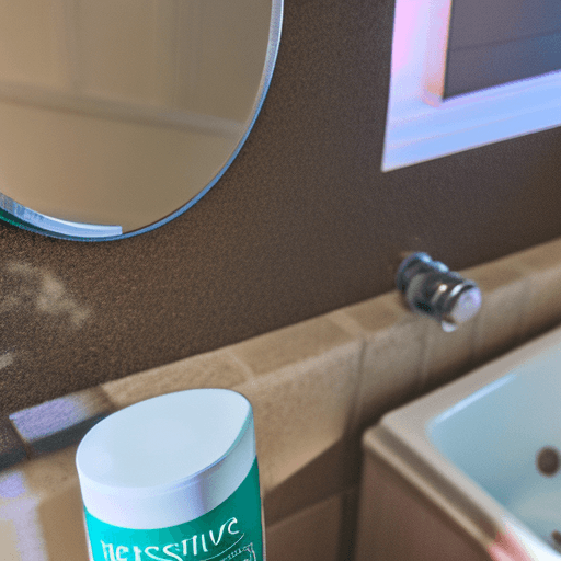 AI generated: A toothpaste container with a label that reads "coco - for sensitive teeth", on top of a bathroom co...