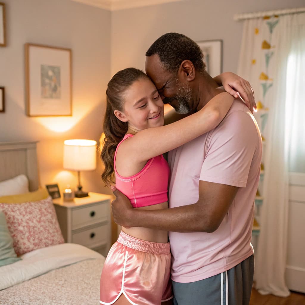 AI generated: Adolescent girl in pink crop silk hugging bedroom lifting dad side