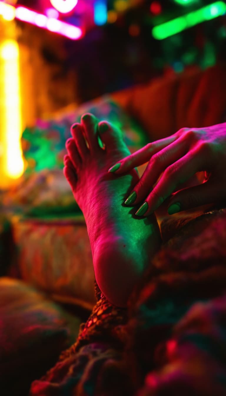 AI generated: cinematic retro vibes,washed-out tones,
Close-up of a girl's snow-white foot resting on a high-end v...