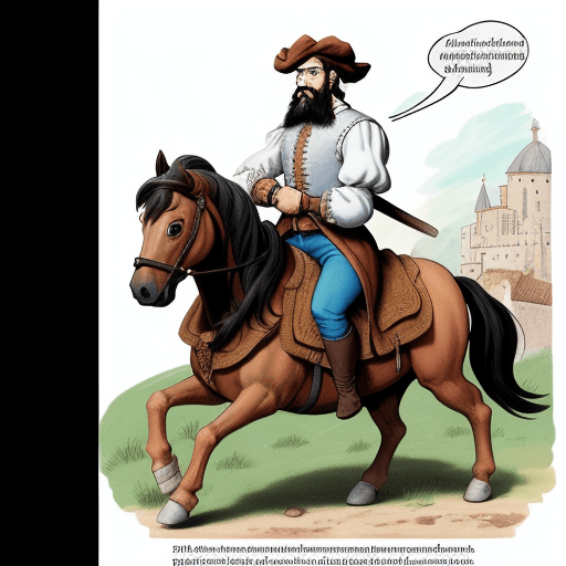 AI generated: Drawing for children's comic of a Spanish man of 16th century thin and with a beard, and with a cap ...