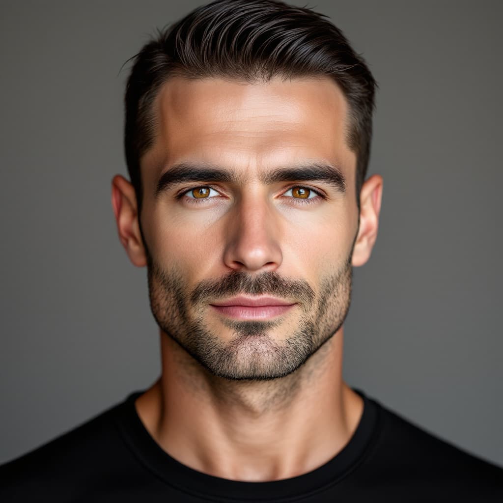 AI generated: Clean close-up of a 42-year-old white American man, cool pale skin, combed-back dark hair, five o'cl...