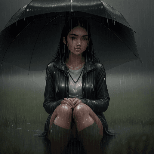 AI generated: a young  woman under (rain:1. 5)  on knee in the (wet high grass:1. 5), (wet face:1. 5), rainy drops...