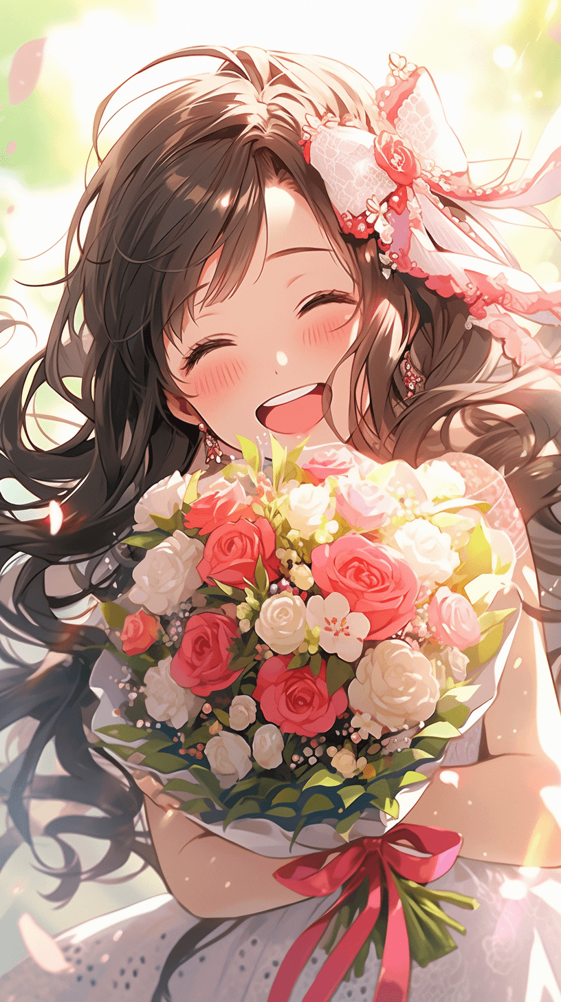 AI generated: A picture of a joyful young girl holding a bouquet, Disney princess reference, radiant happy smile, ...