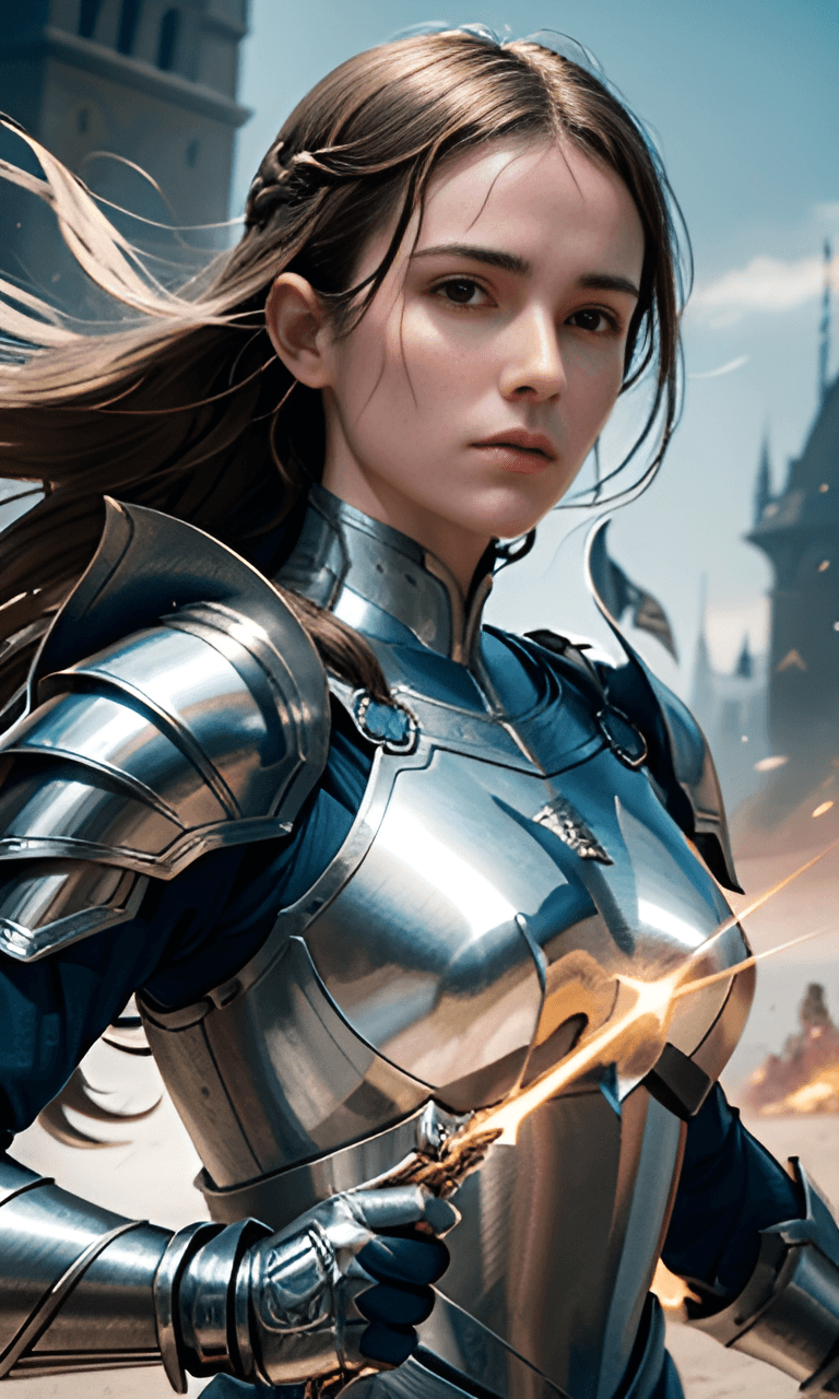 AI generated: A portrait of a beautiful joan of arc, victory battlefield, cinematic, log hair, shiny metallic poli...