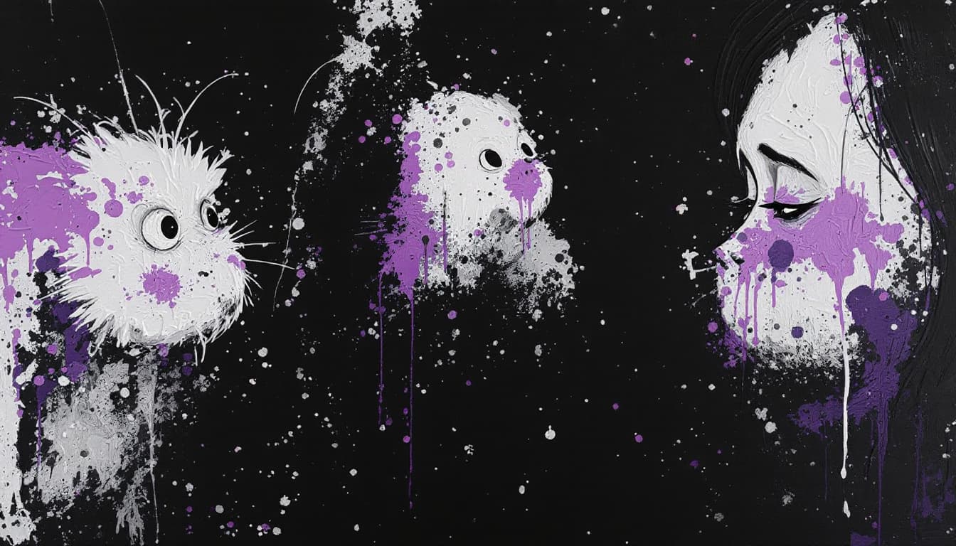 AI generated: black and white with purple touches of a few characters in spirited away, the movie from the Ghibli ...