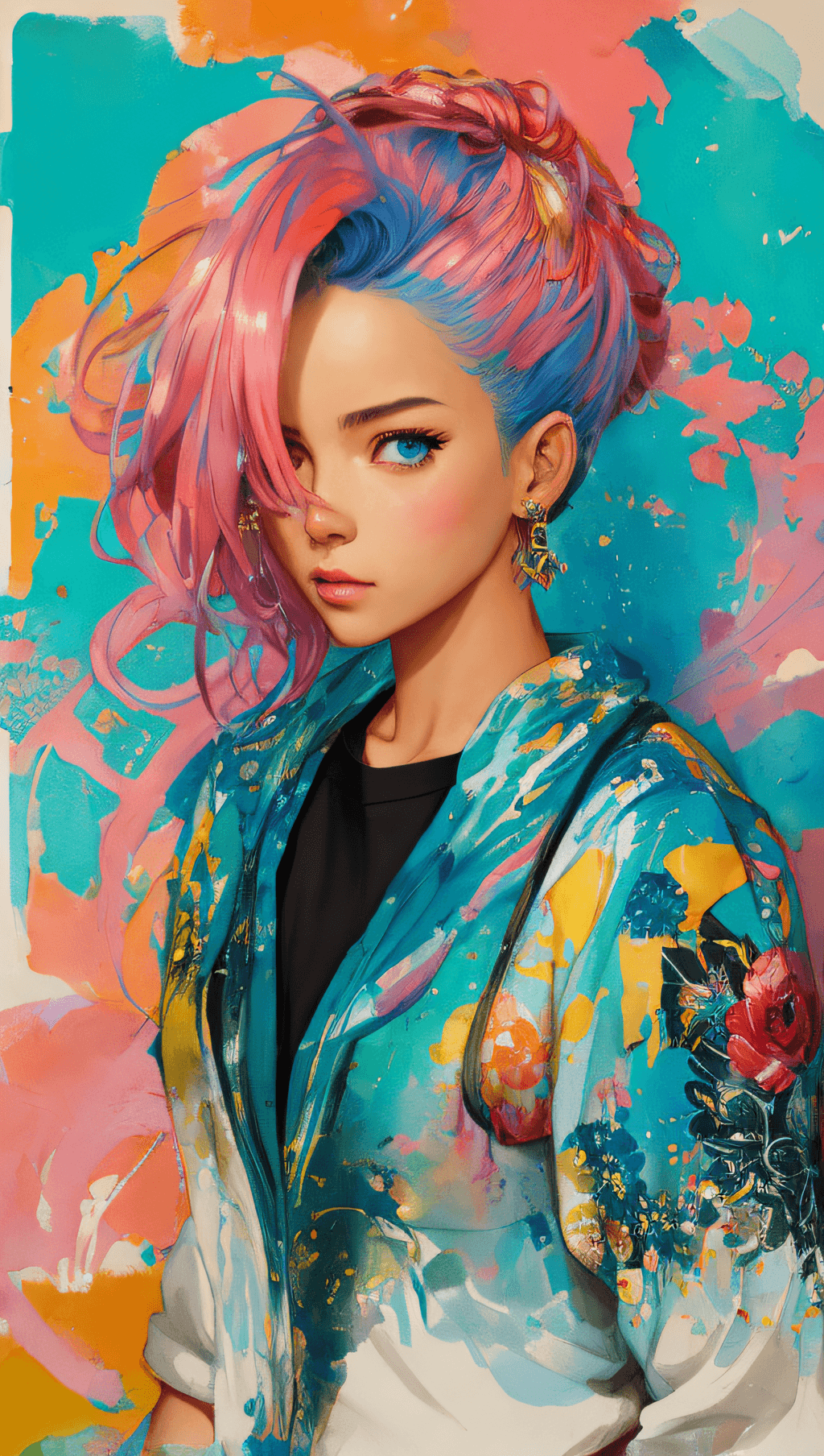 AI generated: Beautiful anime watercolor painting of summerpunk lady. summer chill day, paint dripping by tim okam...