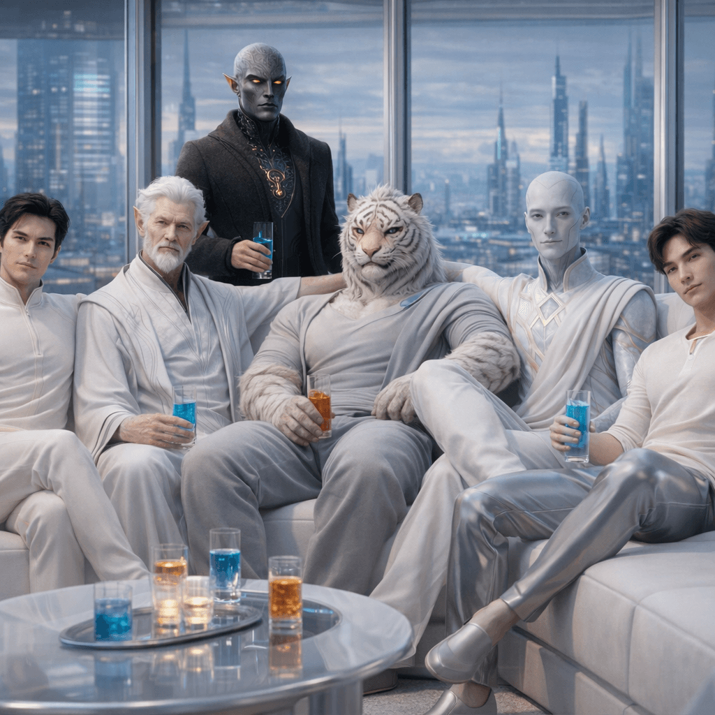 AI generated: Create an image showcasing all-male, all-separate images, posing together. Change background, clothi...