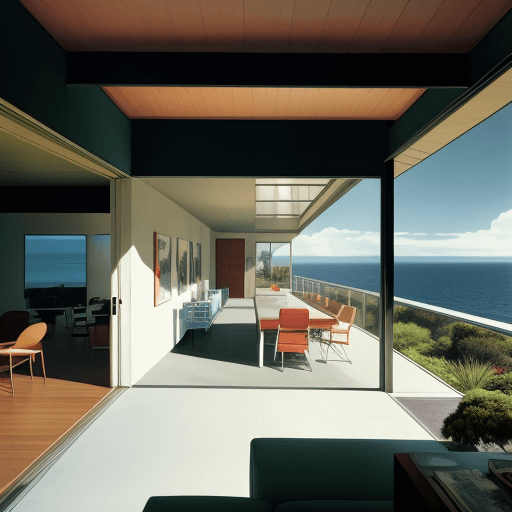 AI generated: Hyper realistic eye level exterior photo of a mid century modern style house overlooking the ocean, ...