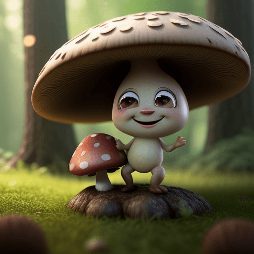 AI generated: cute little character like mushroom in forest, happy and smiling, big cute eyes, ambient light cinem...
