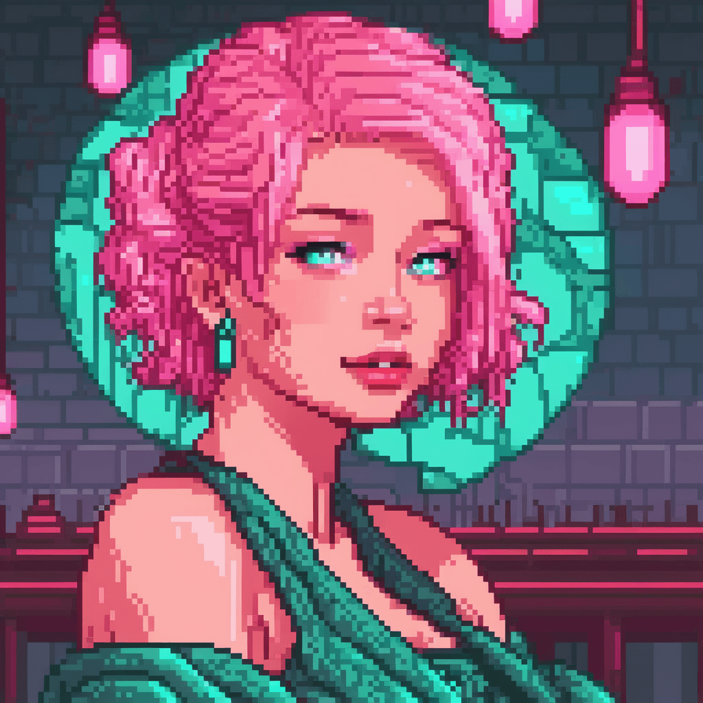 AI generated: close up of a girl with pink hair, sitting in a bright light with a neon lamp, in the style of digit...
