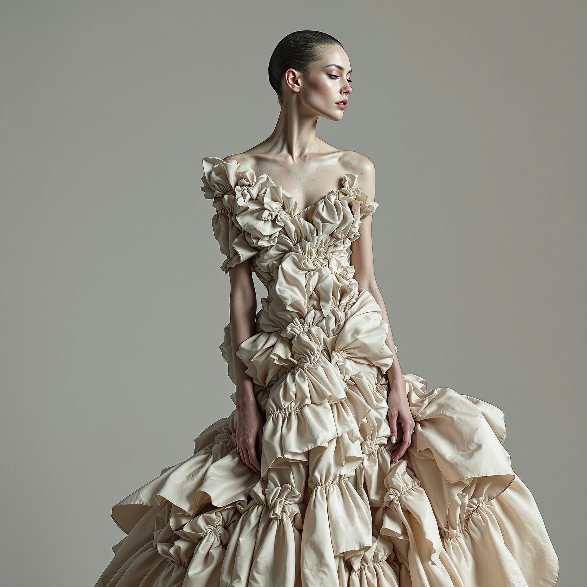 AI generated: high fashion portrait of a woman with rough skin, wearing a dress made from light fabric in the styl...