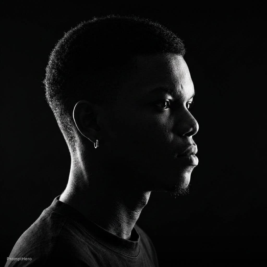 AI generated: A dramatic black and white profile portrait of a man, intense rim lighting, deep shadows, cinematic ...