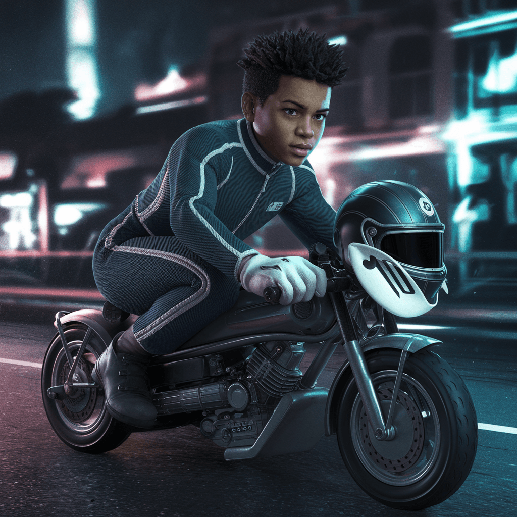 AI generated: A stunning, ultra-realistic illustration of american black boy Mario Kart-style racing bike, designe...
