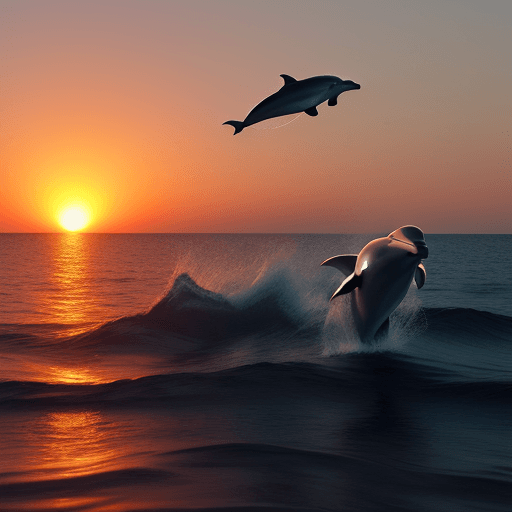AI generated: Photo of a ultra realistic Sunrise over the sea with dolphins
